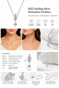 Detailed specification chart for marquise cut moissanite pendant in S925 sterling silver.
