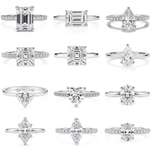 1Ct Moissanite Engagement Ring Set Emerald Pear Heart Oval Marquise Cut Silver Jewelry