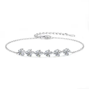 925 Silber Moissanit Armband mit sechs funkelnden Steinen, elegante filigrane Kette Detail.