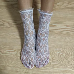 White lace ruffle mid-calf socks detail, cute Lolita style hosiery for sweet daily wear.