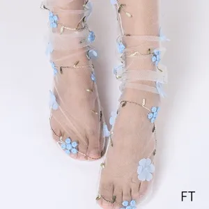 Calze in Rete Trasparente Estive Ultra-Sottili da Donna Ricamo Floreale Calze Slouch Lolita Traspiranti Calzetteria Moda Trasparente