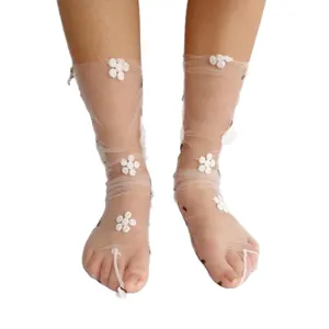 Calze a rete trasparenti con fiori da donna, calze estive sottili in pizzo carine.