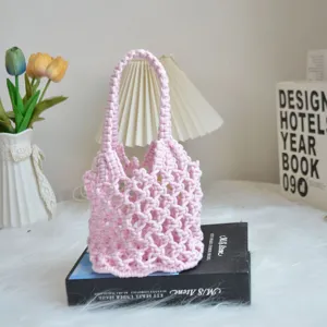 Roze katoenen touw handgemaakte geweven handtas holle mesh strandtas voor zomer