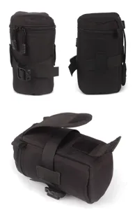 Zwarte nylon camera lens etui cilindrische beschermhoes met ritssluiting en riem voor foto.