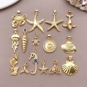 Gold plated zircon ocean pendant set, seashell starfish charms for DIY jewelry making.