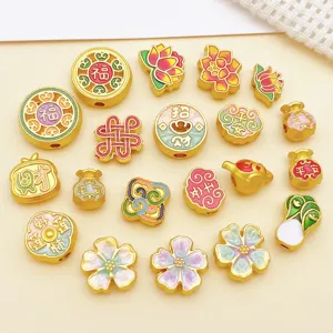 Gold-plated enamel alloy spacer beads with Chinese traditional lucky charms for DIY jewelry making