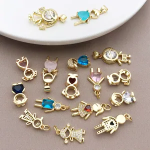 Charmante vergulde jongens- en meisjeshangers met kleurrijke zirkonia's voor DIY-sieraden maken.
