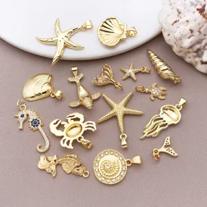 18K Gold Plated Zirconia Ocean Charms Starfish Seahorse Whale Tail Turtle Pendants For DIY Jewelry Making Necklaces Earrings Accessories