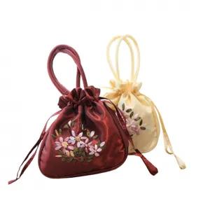 Traditional silk floral embroidery drawstring handbag main view for traditional style matching