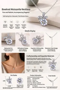 Detailed S925 silver Moissanite butterfly necklace info sheet with dimensions