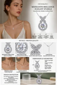 Detailed macro view of S925 sterling silver necklace with 1ct D-color Moissanite pendant