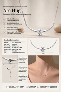 Detail view of S925 sterling silver arc necklace with D-color Moissanite pendant