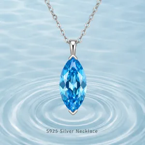 Marquise Sea Blue Zirconia Pendant Necklace 925 Sterling Silver Minimalist Choker Chain For Women Jewelry