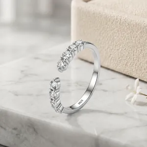 925 Silver Moissanite Adjustable Open Ring Half Eternity Stackable Women D Color 2mm Stone Minimalist Jewelry Ring
