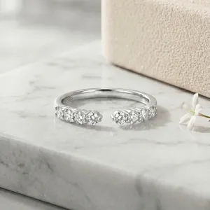 925 silver half eternity open ring with sparkling moissanite stones, dainty stacking jewelry.