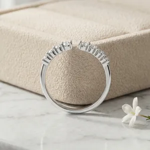 925 silver half eternity open ring with 2mm moissanite stones, dainty stackable jewelry main image.