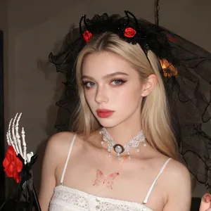 Gothic Halloween rose veil headband and lace choker detail, perfect costume accessory.