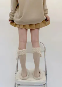 Cute Japanese fuzzy fleece mid-calf socks with pom poms, warm winter JK style knit hosiery.
