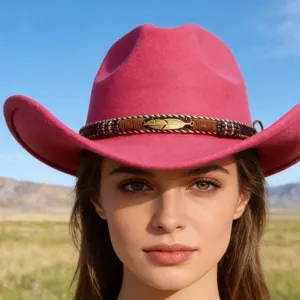 Pink wool felt western cowboy hat featuring a stylish metallic feather hat band accessory.