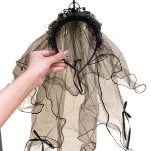 Gothic black lace veil headband with crown Halloween costume party hair accessory for women