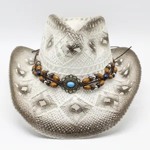 Chapeau de Cowboy en Paille pour Homme Été Plage Protection Solaire avec Perles