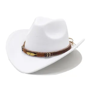 White western cowboy hat with brown braided band, metal feather charm, and stylish beads.