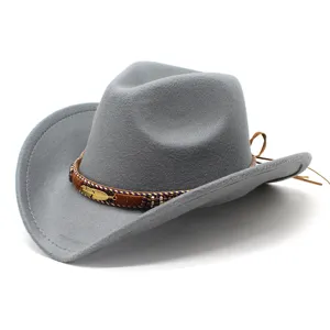 Grey felt western cowboy hat with ethnic braided band and gold feather charm for adults.
