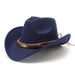 Blue western cowboy hat with feather detail, wool felt fedora for stylish men and women.