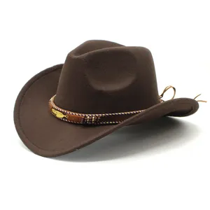 Close-up detail of brown wool felt western cowboy hat with metal feather and bead band.