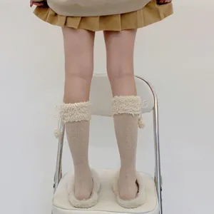 Japanese warm fluffy mid-calf socks for women, cute lamb wool cable knit socks with pom-pom.