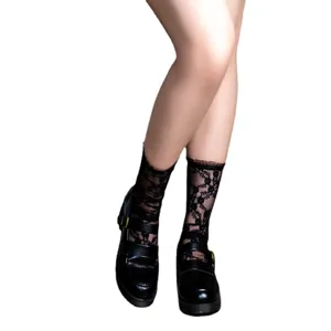 College style black lace mesh ruffle mid-tube socks Lolita cute sweet girl hosiery fashion