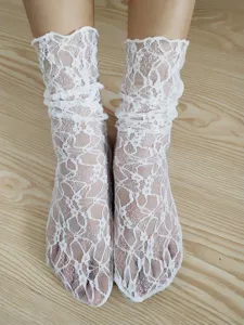White sheer lace mid-calf ruffle socks for women, vintage hollow floral mesh summer socks.