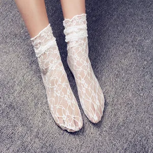 Women Summer Thin Transparent Lace Hollow Mesh Ruffle Mid Tube Stacked Socks Vintage Casual Breathable Hosiery