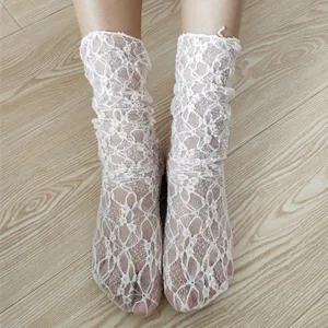 Summer thin transparent socks retro lace hollow net ruffle mid-tube stack socks women