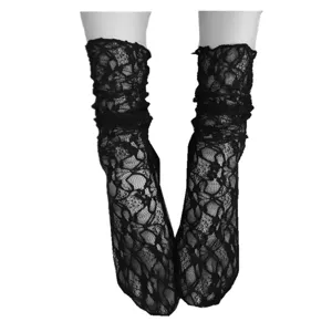 Women summer sheer black lace ruffled mid-tube stack socks breathable vintage hosiery