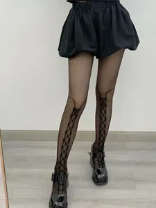 Stylish black sheer tights with polka dots and faux lace-up ribbon detail for daily wear.