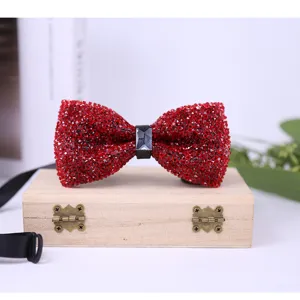 Wine red crystal bow tie for men, sparkling rhinestone wedding groom shirt accessory.