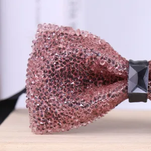 Close-up detail of wine red crystal rhinestone bow tie, sparkling wedding formal accessory.