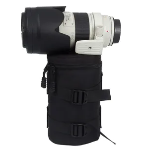 Zwarte nylon camera lens tas beschermhoes voor telelenzen met veilige gesp riemen.