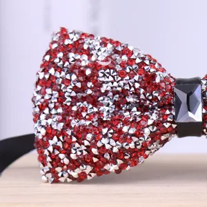 Close-up detail of rhinestone bow tie, sparkling crystals texture, wedding groom accessory.