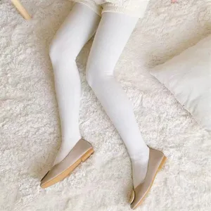 Detailed view of women's warm ribbed white tights showing soft texture and cozy winter fabric.