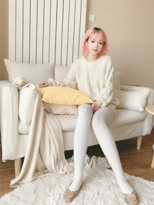 Cozy oatmeal vertical striped thick fleece tights detail view, soft autumn winter warm wear.