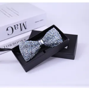 Blue rhinestone bow tie for men, sparkling crystal groom necktie with gift box for wedding.