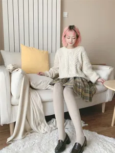 Cozy fleece-lined vertical striped pantyhose in oatmeal beige for autumn and winter daily wear.