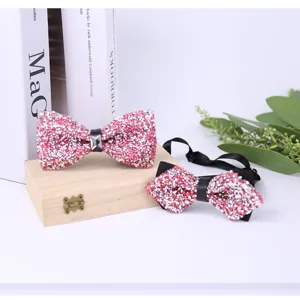 Burgundy crystal rhinestone bow tie set for wedding groom and formal party outfit detail view.