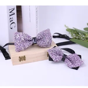Purple crystal rhinestone bow tie set for men wedding groom groomsmen fashion formal neckwear.