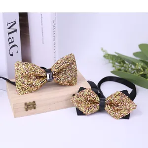 Rhinestone bow tie detail view, sparkling crystal design, elegant wedding accessory close up.