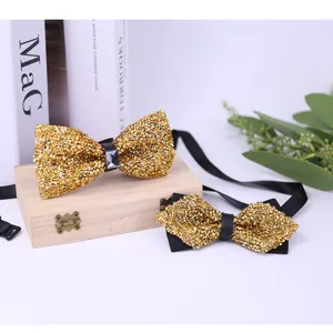 Gold crystal bow tie set for men wedding groom formal shirt accessory detail display