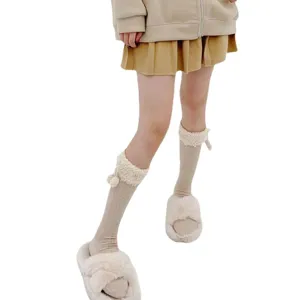Japanese cute woolly mid-calf socks for women, winter warm fleece trim cable knit pompom socks.
