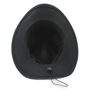 Detailed view of a black wool felt western cowboy fedora hat with adjustable chin cord.